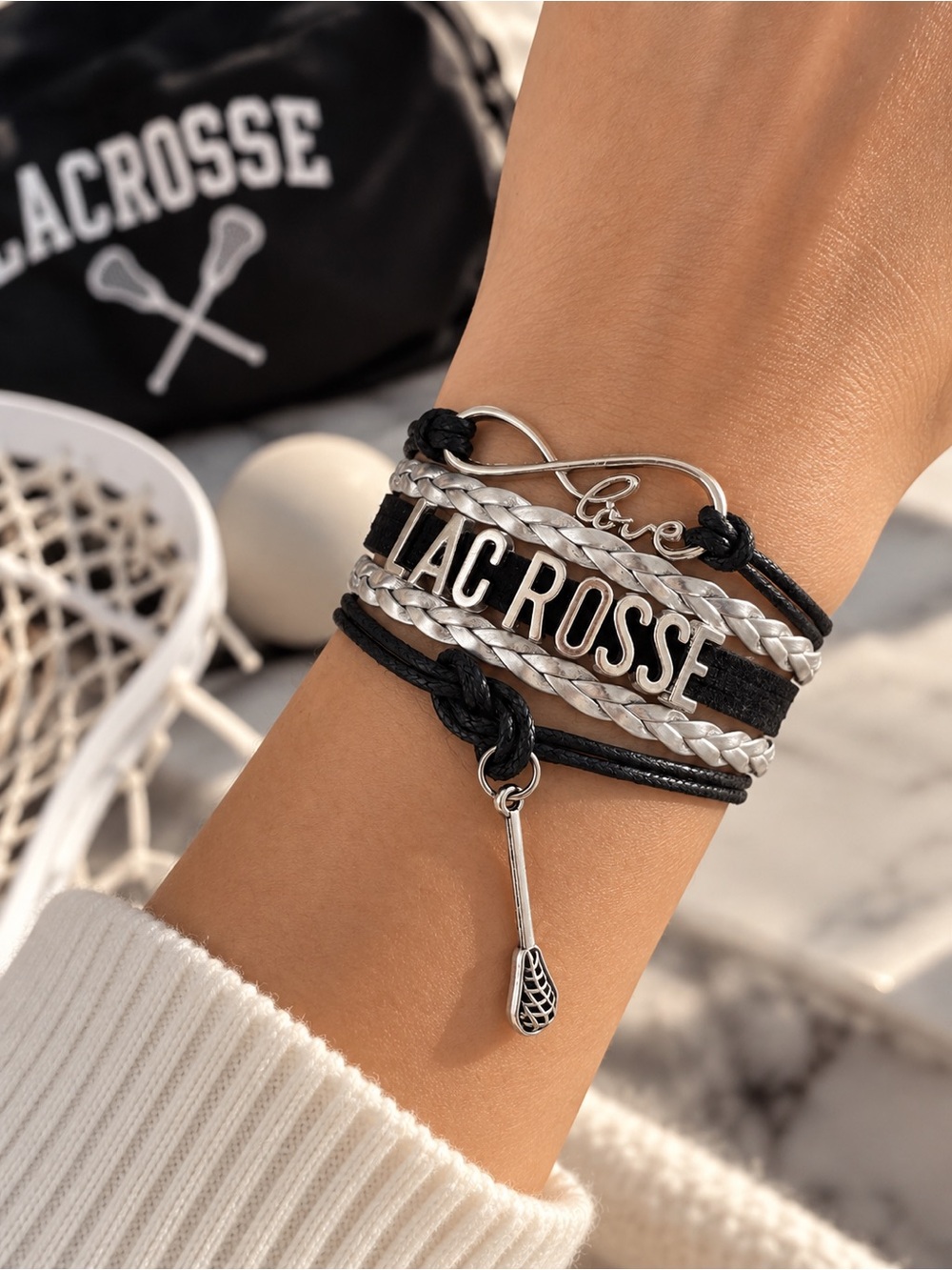 Lacrosse Multi-Strand Black & Silver Bracelet with Charm